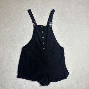 Roxy Womens Medium Black Linen Blend Romper Button Front Short Overalls Coastal